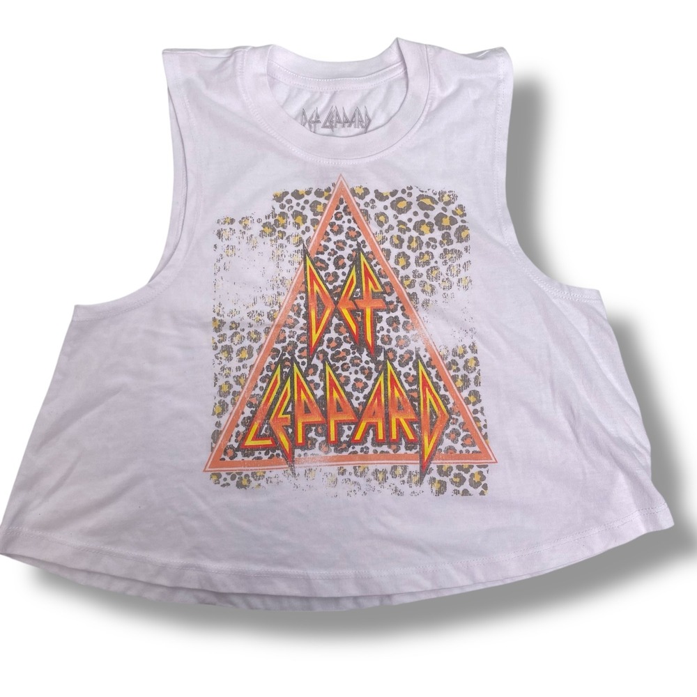 Def Leppard Graphic Crop Top Band Tee Leopard Print Sleeveless XS 113